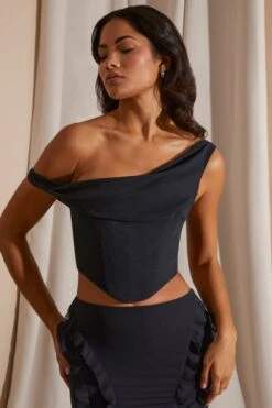 Draped Corset Crop Top In Black -Sway Line Zone 6912 6920 9 Black Draped Corset Top Midrise Ruffle Gown Skirt