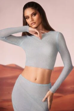 Embellished Long Sleeve Top In Aqua 14 Embellished Long Sleeve Top In Aqua -Sway Line Zone 6928 6929 12 Dixon Roxi Aqua Long Sleeve Top Low Rise Maxi Skirt