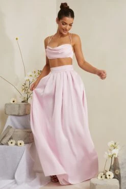 Cowl Neck Heavy Satin Crop Top In Pink 23 Cowl Neck Heavy Satin Crop Top In Pink -Sway Line Zone 6985 6986 11 Dulcie Edyta Pink Cowl Neck Top Pleated Satin Skirt