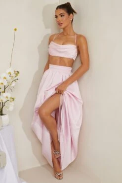Cowl Neck Heavy Satin Crop Top In Pink 19 Cowl Neck Heavy Satin Crop Top In Pink -Sway Line Zone 6985 6986 3 Dulcie Edyta Pink Cowl Neck Top Pleated Satin Skirt
