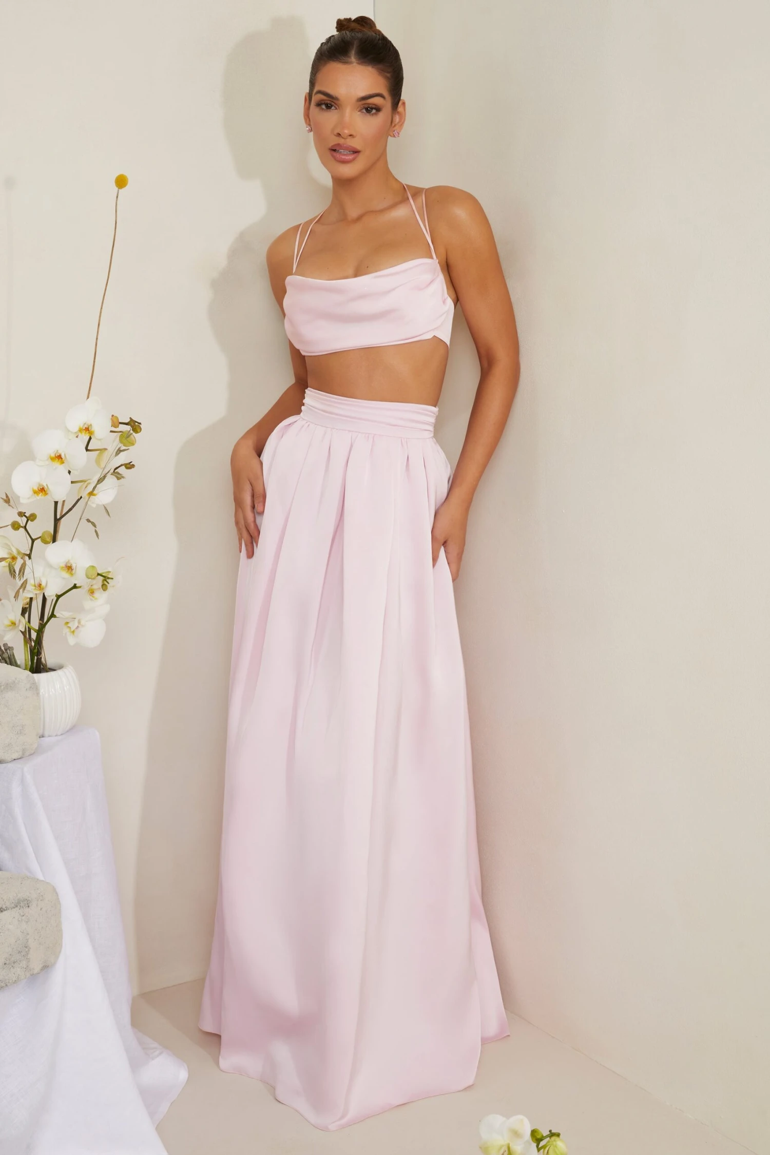 Cowl Neck Heavy Satin Crop Top In Pink 9 Cowl Neck Heavy Satin Crop Top In Pink - Image 9