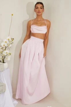 Cowl Neck Heavy Satin Crop Top In Pink 21 Cowl Neck Heavy Satin Crop Top In Pink -Sway Line Zone 6985 6986 5 Dulcie Edyta Pink Cowl Neck Top Pleated Satin Skirt