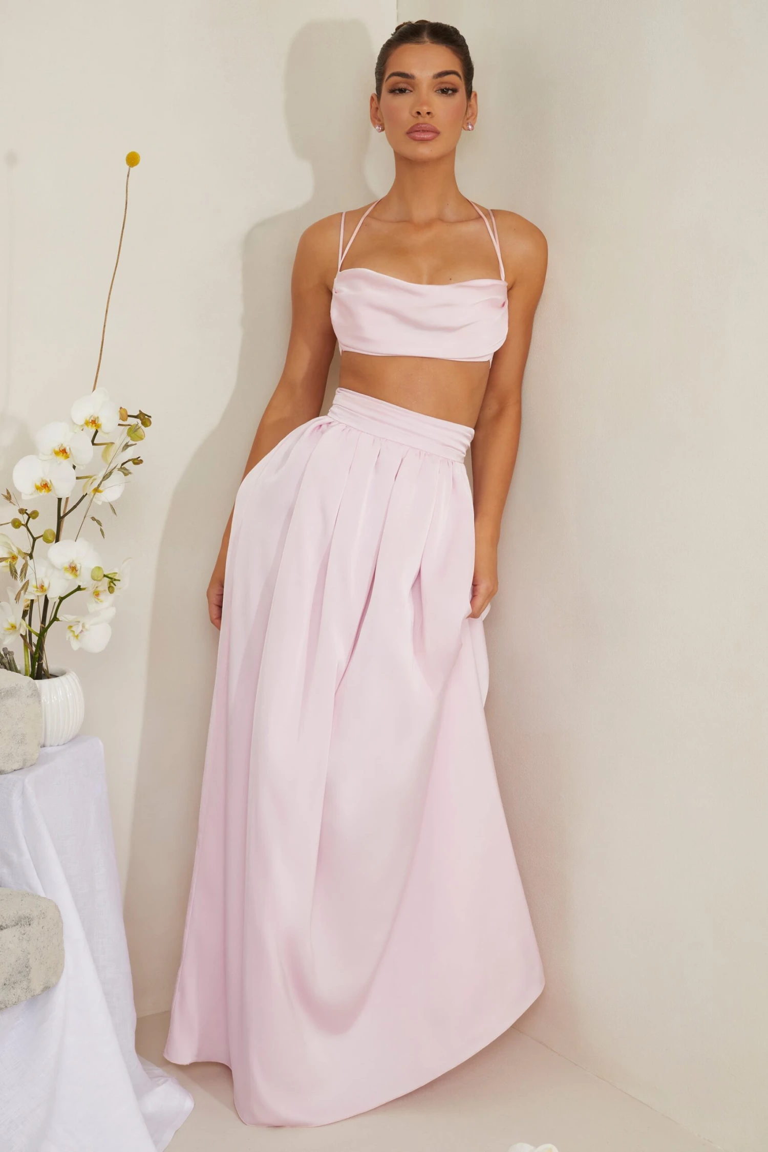 Cowl Neck Heavy Satin Crop Top In Pink 10 Cowl Neck Heavy Satin Crop Top In Pink - Image 10