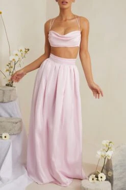 Cowl Neck Heavy Satin Crop Top In Pink 15 Cowl Neck Heavy Satin Crop Top In Pink -Sway Line Zone 6985 6986 8 Dulcie Edyta Pink Cowl Neck Top Pleated Satin Skirt