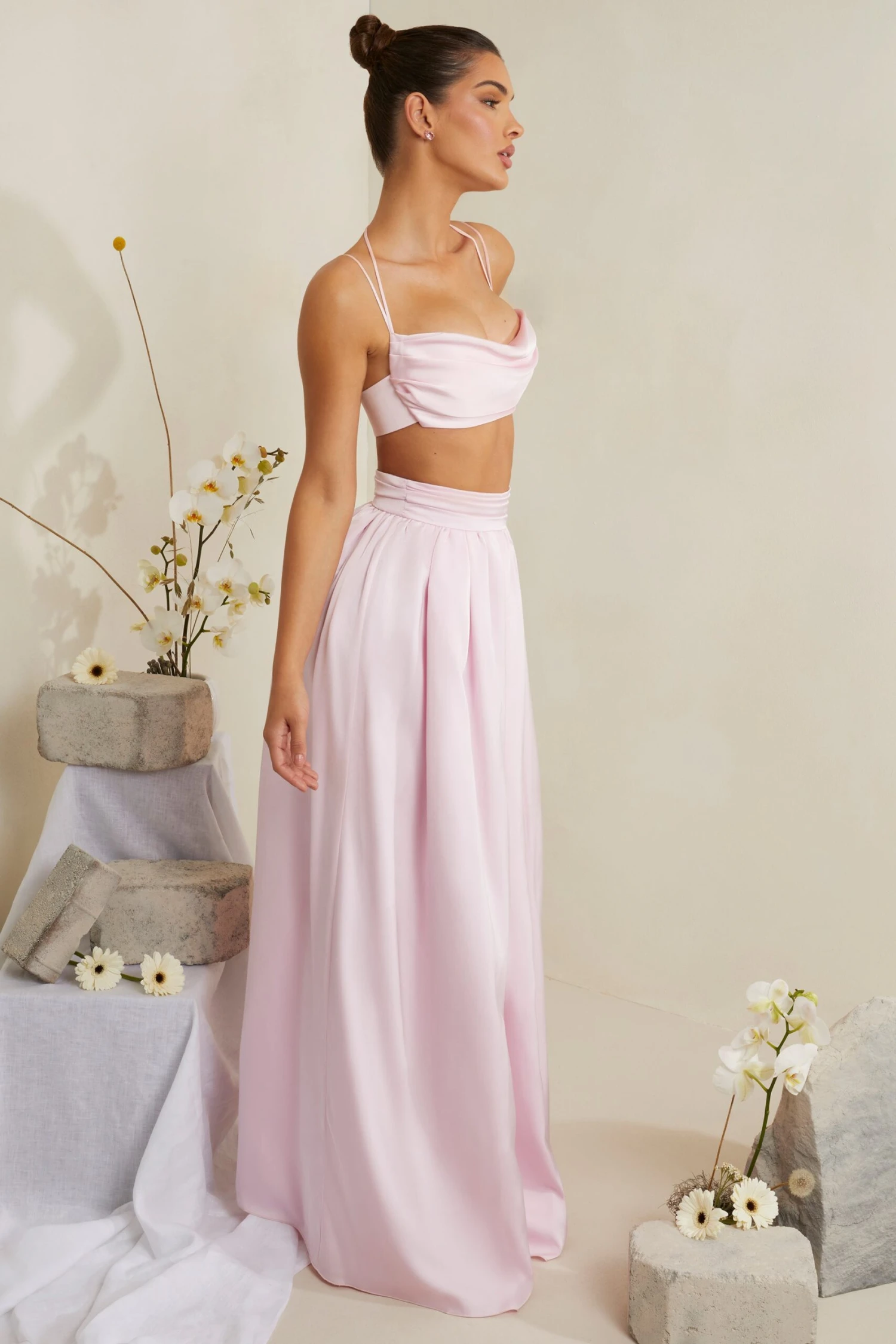 Cowl Neck Heavy Satin Crop Top In Pink 3 Cowl Neck Heavy Satin Crop Top In Pink - Image 3