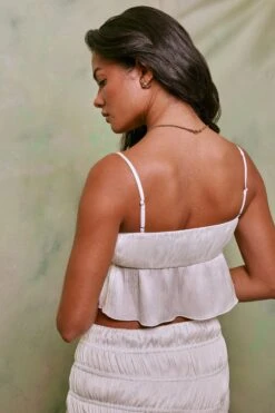 Shirred Tie Up Front Crop Top In White 18 Shirred Tie Up Front Crop Top In White -Sway Line Zone 7195 7206 10 White Tie Up Front Crop Top Crinkle Tie Up Asymmetrical Shirring Mini Skirt