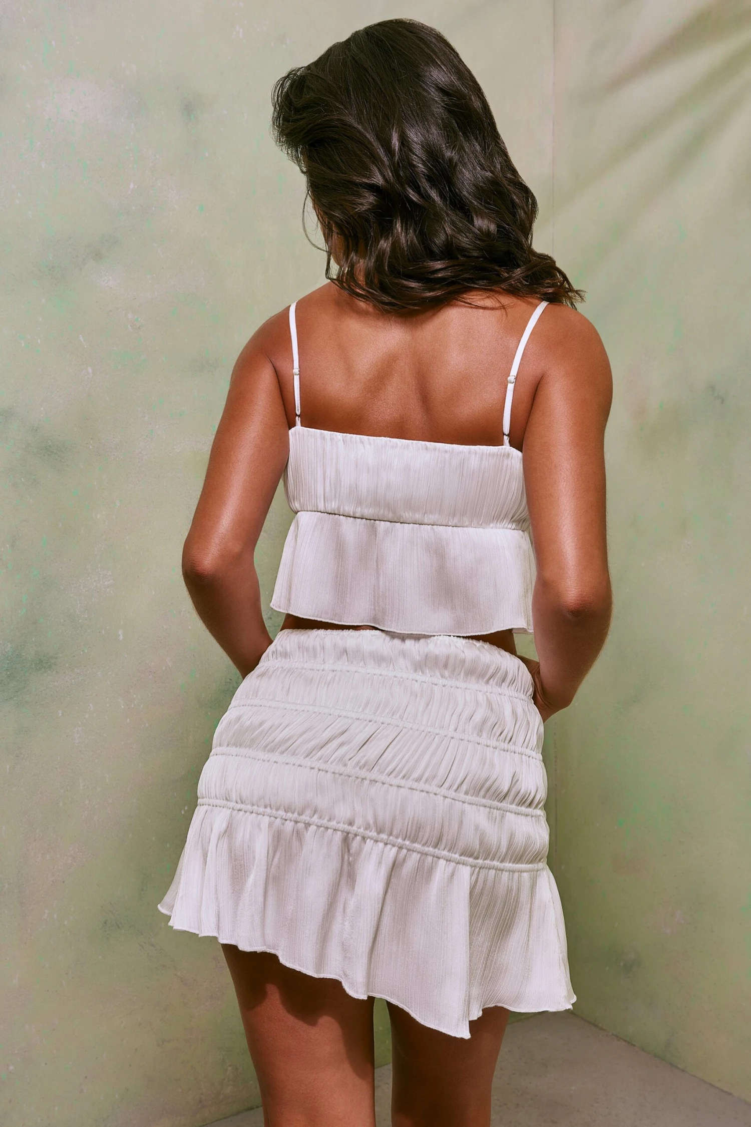 Shirred Tie Up Front Crop Top In White 2 Shirred Tie Up Front Crop Top In White - Image 2