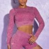 Long Sleeve High Neck Zip Crop Top In Dark Pink