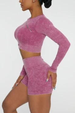 Long Sleeve High Neck Zip Crop Top In Dark Pink -Sway Line Zone BT0415 2 Agile Dark Pink Ribbed Acid Wash Long Sleeve Crop Top