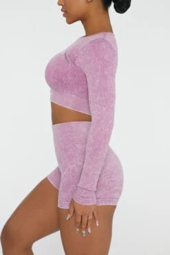 Long Sleeve High Neck Zip Crop Top In Pink -Sway Line Zone BT0415 2 Agile Pink Ribbed Acid Wash Long Sleeve Crop Top