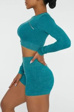 Long Sleeve High Neck Zip Crop Top In Teal -Sway Line Zone BT0415 2 Agile Teal Ribbed Acid Wash Long Sleeve Crop Top