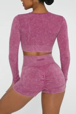 Long Sleeve High Neck Zip Crop Top In Dark Pink -Sway Line Zone BT0415 3 Agile Dark Pink Ribbed Acid Wash Long Sleeve Crop Top