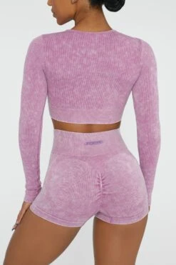 Long Sleeve High Neck Zip Crop Top In Pink -Sway Line Zone BT0415 3 Agile Pink Ribbed Acid Wash Long Sleeve Crop Top