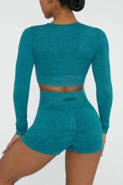 Long Sleeve High Neck Zip Crop Top In Teal -Sway Line Zone BT0415 3 Agile Teal Ribbed Acid Wash Long Sleeve Crop Top