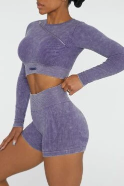 Long Sleeve High Neck Zip Crop Top In Violet -Sway Line Zone BT0415 3 Agile Violet Ribbed Acid Wash Long Sleeve Crop Top