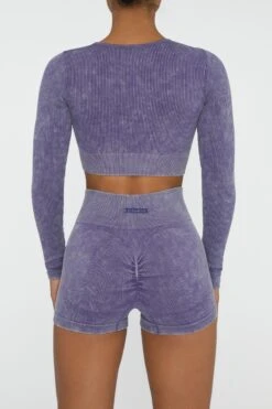 Long Sleeve High Neck Zip Crop Top In Violet -Sway Line Zone BT0415 4 Ride Violet Ribbed Acid Wash Short