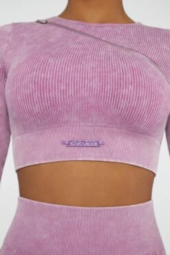 Long Sleeve High Neck Zip Crop Top In Pink -Sway Line Zone BT0415 5 Agile Pink Ribbed Acid Wash Long Sleeve Crop Top