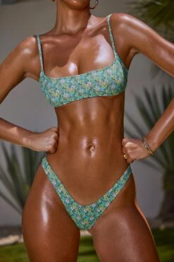 Micro Scoop Bandeau Top In Turquoise Floral Print -Sway Line Zone NS0324 NS0325 6 Turquoise Floral Print Micro Scoop Bandeau Top Micro Low Dipped Cheeky Bottom