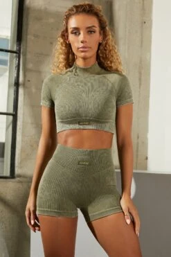 Seamless High Neck Cap Sleeve Crop Top In Khaki 11 Seamless High Neck Cap Sleeve Crop Top In Khaki -Sway Line Zone bt0329 bt0336 1 khaki acid wash ribbed high neck crop top shorts set