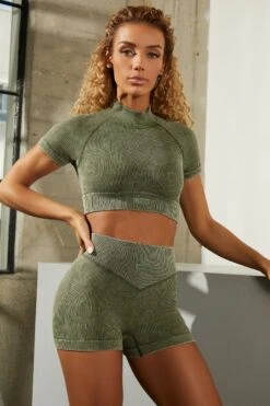 Seamless High Neck Cap Sleeve Crop Top In Dark Khaki 9 Seamless High Neck Cap Sleeve Crop Top In Dark Khaki -Sway Line Zone bt0329 bt0336 3 dark khaki acid wash ribbed high neck crop top shorts set