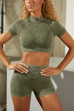 Seamless High Neck Cap Sleeve Crop Top In Dark Khaki 10 Seamless High Neck Cap Sleeve Crop Top In Dark Khaki -Sway Line Zone bt0329 bt0336 5 dark khaki acid wash ribbed high neck crop top shorts set