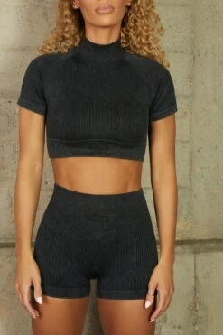 Seamless High Neck Cap Sleeve Crop Top In Black 11 Seamless High Neck Cap Sleeve Crop Top In Black -Sway Line Zone bt0329 bt0336 6 black acid wash ribbed high neck crop top shorts set