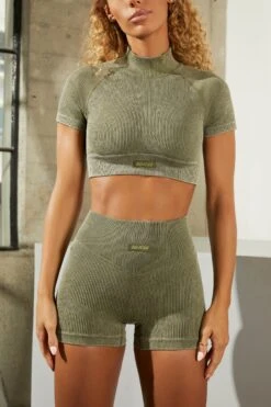 Seamless High Neck Cap Sleeve Crop Top In Khaki 10 Seamless High Neck Cap Sleeve Crop Top In Khaki -Sway Line Zone bt0329 bt0336 6 khaki acid wash ribbed high neck crop top shorts set