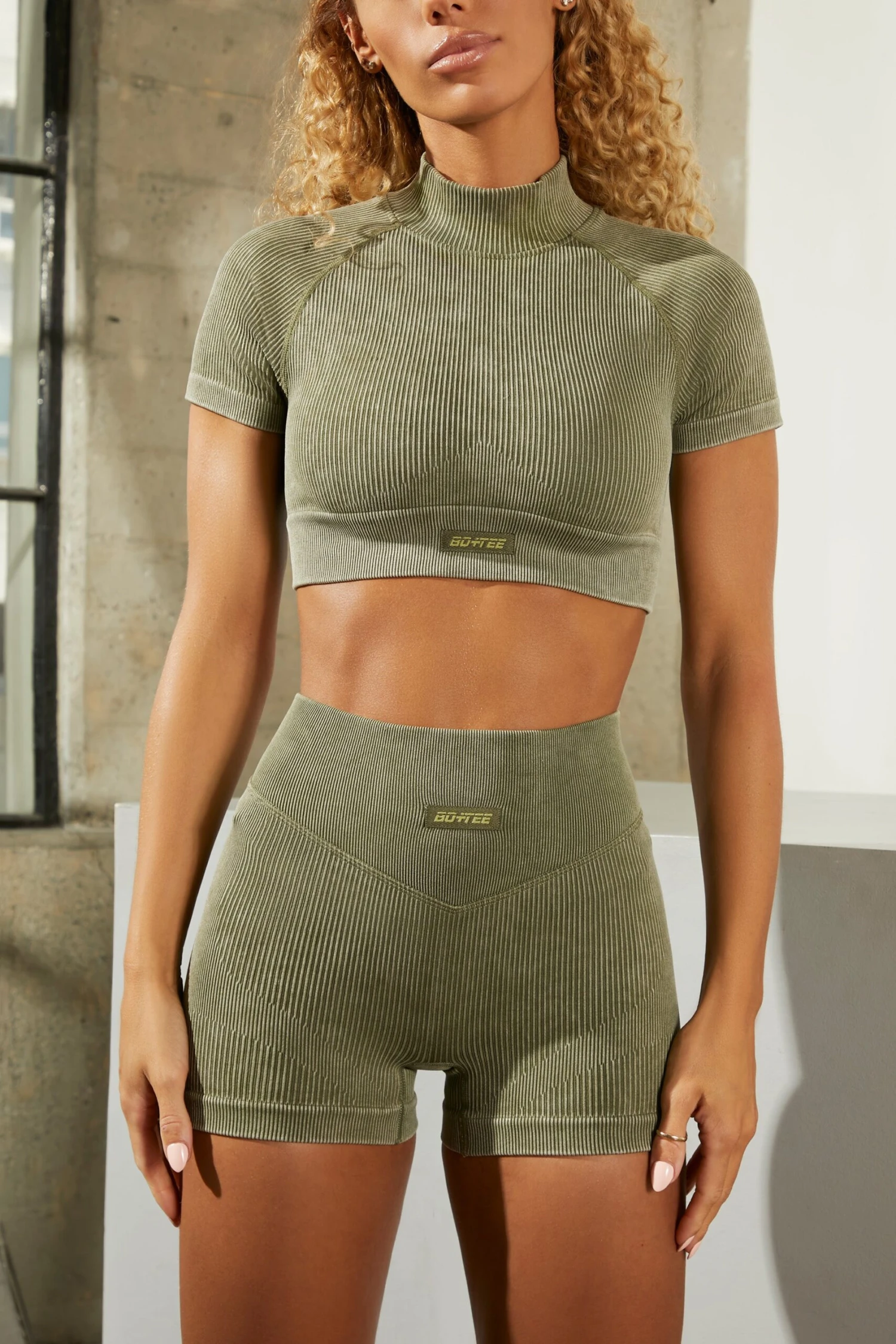 Seamless High Neck Cap Sleeve Crop Top In Khaki 5 Seamless High Neck Cap Sleeve Crop Top In Khaki - Image 5