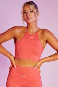Incline Seamless High Neck Crop Top In Coral -Sway Line Zone bt0376 1 incline coral high neckline cross back crop top