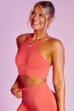 Incline Seamless High Neck Crop Top In Coral -Sway Line Zone bt0376 2 incline coral high neckline cross back crop top