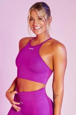Seamless High Neck Crop Top In Purple -Sway Line Zone bt0376 2 incline purple high neckline cross back crop top