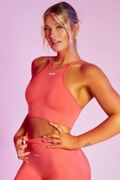 Incline Seamless High Neck Crop Top In Coral -Sway Line Zone bt0376 3 incline coral high neckline cross back crop top