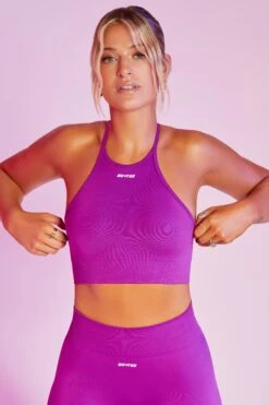 Seamless High Neck Crop Top In Purple -Sway Line Zone bt0376 3 incline purple high neckline cross back crop top
