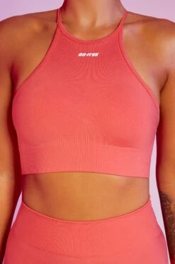 Incline Seamless High Neck Crop Top In Coral -Sway Line Zone bt0376 6 incline coral high neckline cross back crop top