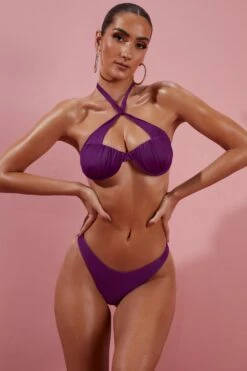 Give Me Fever Ruched Twist Bikini Top In Purple -Sway Line Zone ns0042 7 purple twist front halter ruched bikini set